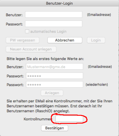 Wo die Kontrollnummer in Fenster eingegeben werden muss.